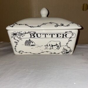 Butter Crock/Dish Holds 1lb Block Ceramic Farmhouse Country Cow Spread The Love